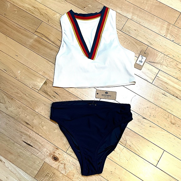 NWT Sperry Ribbed Blue Red Yellow Stripes V neck Swim/Sports CROP TOP, Medium - Picture 8 of 9